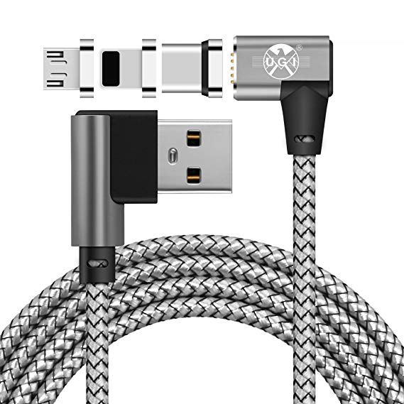 UGI 3 in 1 Magnetic Cable 90 Degrees Micro USB Type C Lightning [6ft/2.4A] Fast Charging Android USB C Cord for Apple iPhone X 8 7 8 Plus 6 6s 5 se 5s Huawei Samsung Galaxy S4 S5 S6 S7 S8 S9 Plus Edge