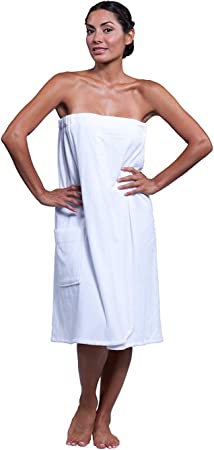 Boca Terry Womens Spa Wrap - 100% Cotton Spa, Shower, Bath and Gym Towel w Snaps - Medium, Large - White