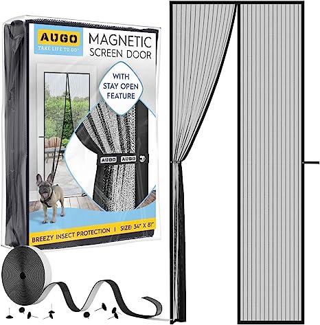 AUGO Magnetic Fly Screen Door - Self Sealing, Heavy Duty, Hands Free Mesh Net Partition Keeps Bugs Out - Pet and Kid Friendly - Patent Pending Keep Open Feature - 87x 207cm