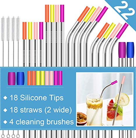 22-Pack Stainless Steel Straws Metal Straws FDA-Approved 10.5"8.5" for 30oz&20oz Yeti/Rtic Tumbler， Reusable straws with 18 Soft Silicone Tips,4 Cleaning Brushes(8 bent 10 straight 8 colors)