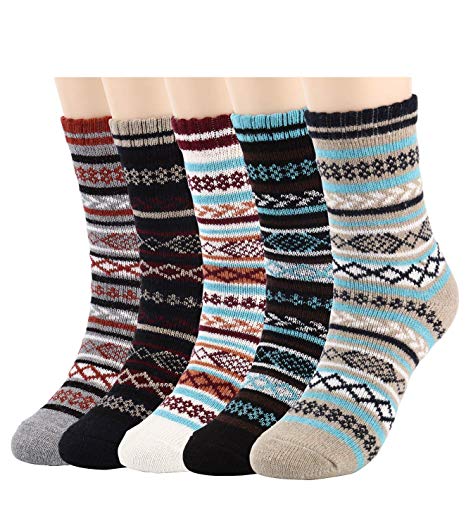 Mens Warm Wool Socks Thick Winter Thermal Stripe Wool Crew Socks 5 Pairs