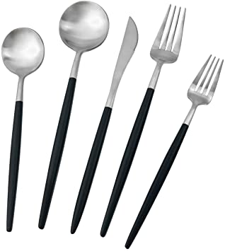 Gugrida Black Silver Flatware, Royal 20 Piece Matte Black Handle 18/10 Stainless Steel Tableware Sets for 4 Including Forks Spoons Knives, Camping Silverware Travel Utensils Set Cutlery (Black Silver)