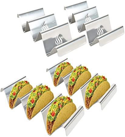 Skyflame 4 Pack Stainless Steel Taco Holders, Each Taco Rack Holds 3 Tacos, Taco Stand Up Holder, Taco Trays, Taco Shell Holder with Unique Flame Marks, Oven Grill Baking, Dishwasher Safe