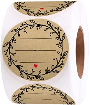 2 Inch Wreath Design with 3 Lines for Writing (500 Labels per roll) Natural Brown Kraft Stickers for Canning Labels Jar, Store Owners, Crafts, Organizing, Gift, Price Tags, Weddings, Baby Showers