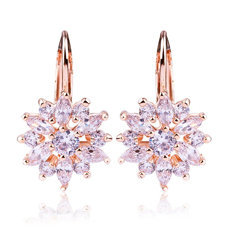 BAMOER 18K Rose Gold Plated Cubic Zirconia Snowflake Leverback Earrings for Women Girls CZ Jewelry Fashion Drop Earrings 3 Style