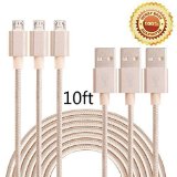 BestfyTM3Pack 10FT Extra Long Tangle-free Nylon Braided Micro USB 20 Power Cable Cord Wire With Aluminum Heads for Smartphones Tablets MP3 Players and MoreGolden
