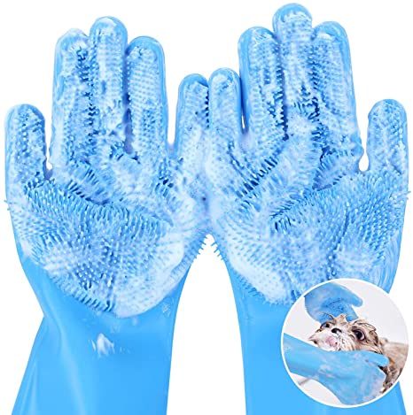 Pecute Pet Grooming Gloves, Heat Resistant Dog Bathing Shampoo Gloves with High Density Teeth, Silicone Hair Removal Gloves with Enhanced Five Finger Design, Bathing and Massaging for Dogs and Cats