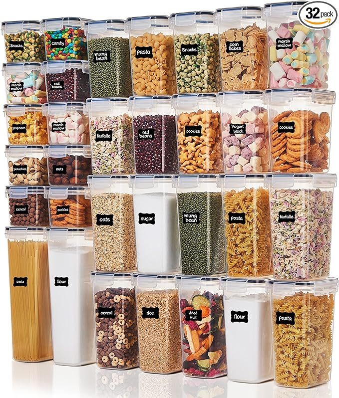 Vtopmart 32pcs Food Storage Container Set, Kitchen & Pantry Organizers and Storage, BPA-Free Plastic Airtight Food Storage Container with Lids for Cereal , Flour and Sugar, Includes 32 Labels