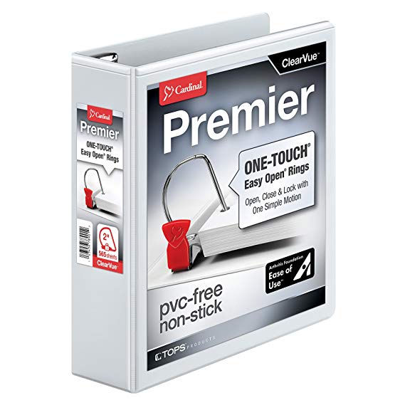 Cardinal Premier Easy Open 3-Ring Binder, 2", ONE-Touch Easy Open Locking Slant-D Rings, 565-Sheet Capacity, ClearVue Cover, PVC-Free, White (10320)