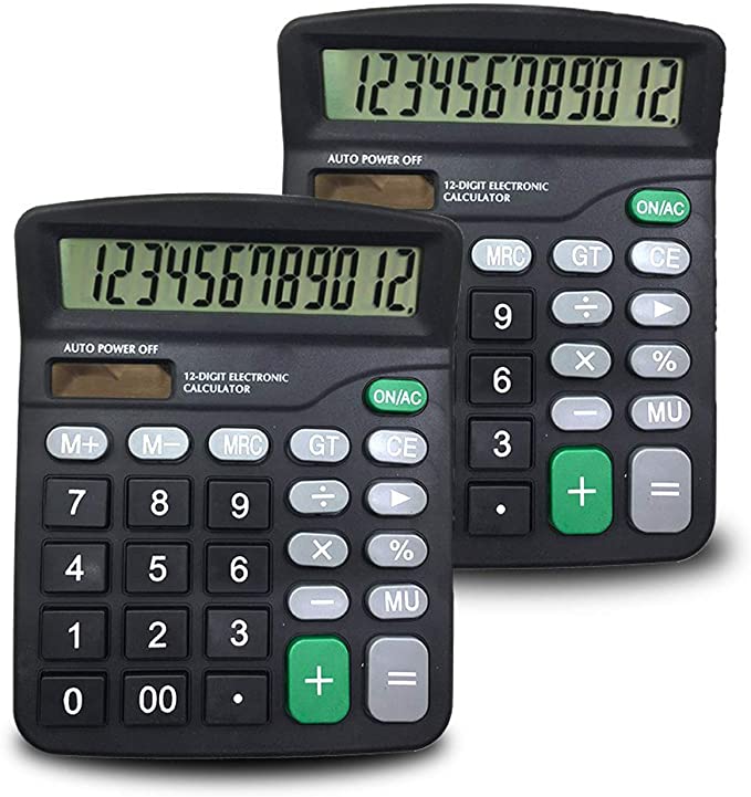 12-Digit Standard Desktop Calculators Set of 2, Dual Powered Office Calculator with Large LCD Display and Large Buttons, Basic Handheld Calculator. (Black)