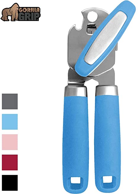 Gorilla Grip Original Premium Manual Can Opener, Comfortable Grip, Oversized Easy Turn Knob, Smooth Edges, Hangs for Convenient Storage, Built in Bottle Opener, Sharp Blades Easily Open Tin Cans, Aqua