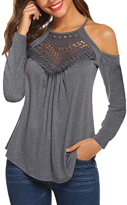 BLUETIME Women's Casual Long Sleeve/Short Sleeve Flowy Lace Cold Shoulder Tops Blouses Basic Tee Shirts