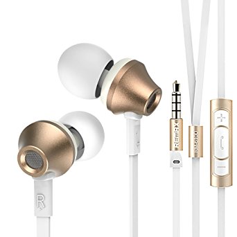 Remax 610D Stereo In-ear Earbuds Headphones / Earphones with Dynamic Mic, Ear Plugs, Tangle-Free Flat Cable, High Fidelity Sound Quality and Heavy Bass for Android and iPhone 3.5mm Jack (Gold)