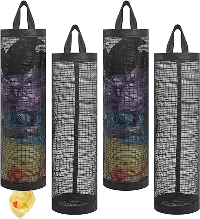 Plastic Bag Holder, 4 Pack Grocery Bag Holder for Plastic Bags, Mesh Hanging Storage Bag Dispenser Shopping Bag Holder Trash Bags Grocery Bag Organizer