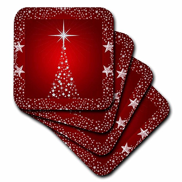 3dRose cst_164753_3 Silver Star Christmas Tree with Holiday Red Background Ceramic Tile Coasters (Set of 4)