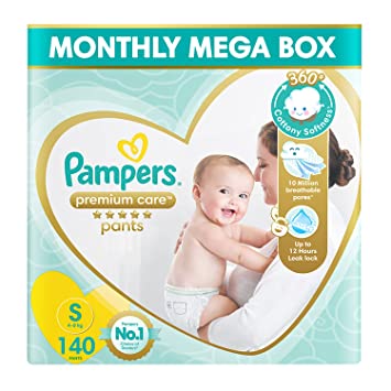 Pampers Premium Care Pants for Babies, Small size baby diapers (SM), 140 Count, Softest ever Pampers pants, Small Size, Pack of 140