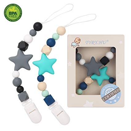 Pacifier Clip TYRY.HU Teething Silicone Beads Teether Toys BPA Free Binkie Holder for for Boys, Girls, Baby Shower Gift (Turquoise, Grey)