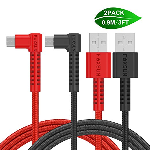 Micro USB Cable 90 Degree Android Charger Cable Foxsun [2-Pack 3ft/0.9m]Nylon Braided Right Angle Android Charging Cord for Samsung, Kindle, HTC, Nexus, LG, Sony, Nokia, Motorola, PS4, Smartphones (Black   Red)
