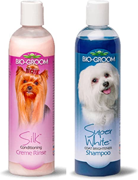 Bio-Groom Super White Coat Brightener Shampoo, 12 ounces, and Bio-Groom Silk Conditioning Creme Rinse, 12 ounces - Combo Pack for Dogs and Cats - 2 Items Total