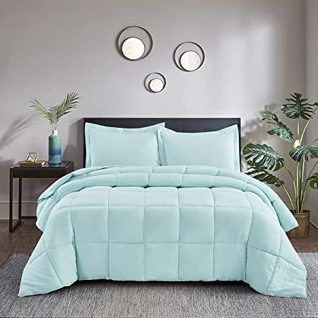 HIG Pre Washed Down Alternative Comforter Set King -Reversible Shabby Chic Quilt Desgin -Box Stitched with 4 Corner Tabs -Lightweight for All Season -Aqua Duvet Comforter with 2 Pillow Shams