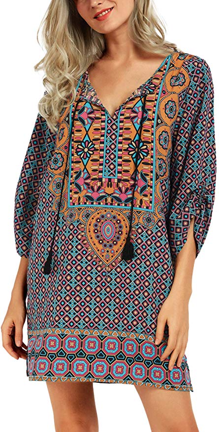 Women Bohemian Neck Tie Vintage Printed Ethnic Style Summer Shift Dress