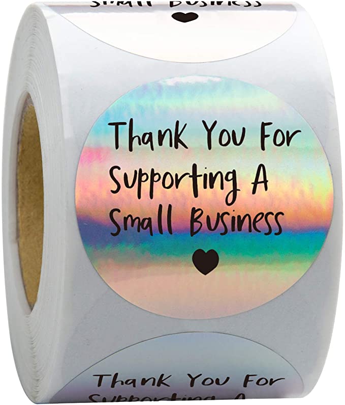 WRAPAHOLIC Thank You for Supporting A Small Business Stickers - Black Ink Holographic Silver Business Thank You Stickers, Shipping Stickers - 2 x 2 Inch 500 Total Labels