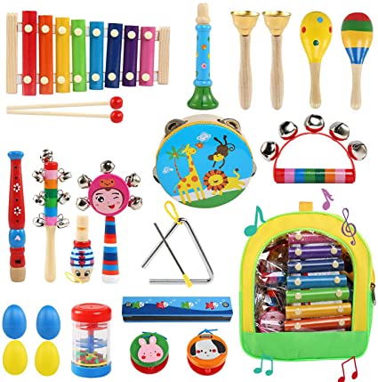 NEWSTYLE Toddler Musical Instruments, 25Pcs 15Types Wooden Percussion Instruments Toys Set with Tambourine Xylophone Maracas Preschool Education Musical Toys for Kids Boys Girls with Storage Backpack
