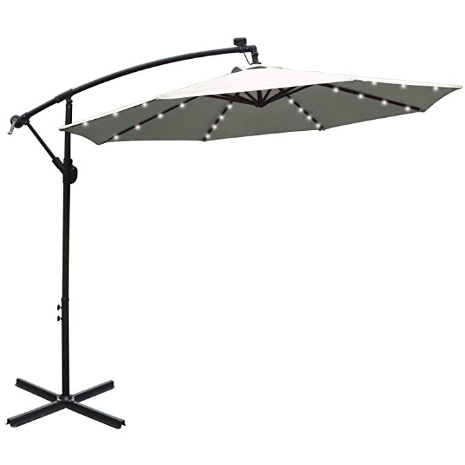 ABCCANOPY 10 FT Solar Powered LED Patio Outdoor Umbrella Hanging Umbrella Cantilever Umbrella Offset Umbrella Easy Open Lift 360 Degree Rotation with 32 LED Lights (Light Beige)