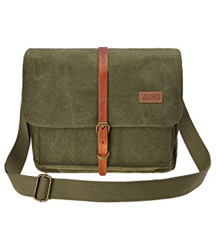 ZLYC Vintage Retro Genuine Leather and Canvas Removable Padded Camera Bag Messenger Shoulder Bag for DSLR Camera and Lens, Army Green