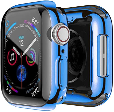 Hankn for Apple Watch Series 5 Series 4 Screen Protector 44mm Case, Built-in Screen Protector All-Around Full Front Plated Soft TPU Shockproof Smartwatch Cover Bumper for Apple Iwatch (Blue, 44mm)