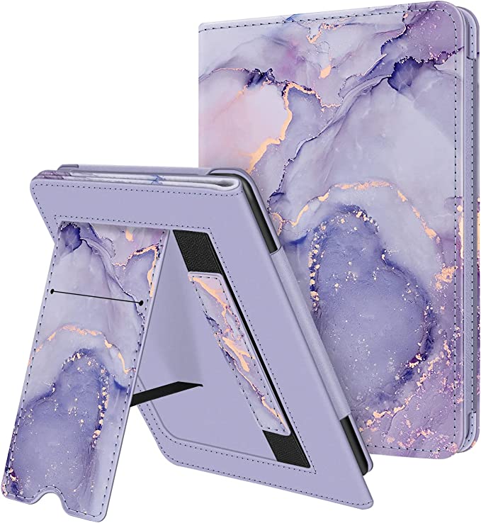 Fintie Stand Case for 6.8" Kindle Paperwhite (11th Generation-2021) and Kindle Paperwhite Signature Edition - Premium PU Leather Sleeve Cover with Card Slot and Hand Strap, Lilac Marble