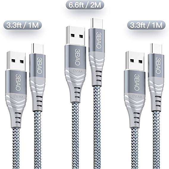 USB Type C Cable(3-Pack 3.3ft 3.3ft 6.6ft)USB C Charger Cable Nylon Braided USB A to USB C Fast Charging Cord for Samsung Galaxy S10 S9 S8 Plus,Note 9 8,Motorola G6/G7,Google Pixel 2/2XL,Nintendo Switch,Sony Xperia XZ,Huawei P9(Grey)