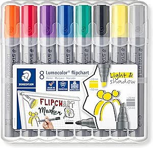 STAEDTLER Lumocolor, farbintensive, schnelltrocknende, geruchsarme Tinte, schlägt nicht durch Papier durch, 8 flipchart Marker in aufstellbarer STAEDTLER Box, 356 SWP8