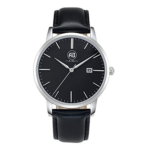 AIBI Ultra-thin Men's Minimalist Leather Band Black Quartz Watch with Date