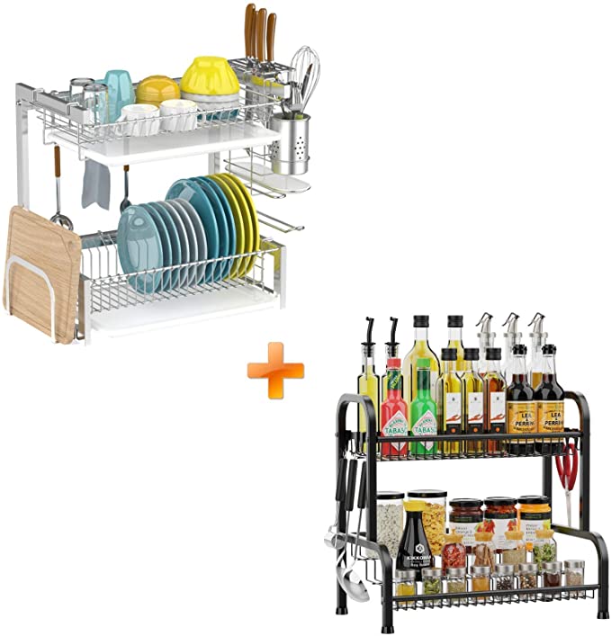 Dish Drying Rack and Spice Rack, iSPECLE Stainless Steel Dish Rack for Counter and 2 Tier Spice Rack for Kitchen Bathroom Organizer, Bundle Sales - 2 Pack