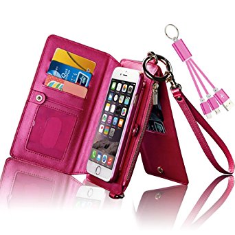 iPhone 6S Plus/6 Plus 5.5 inch Zipper Wallet Case,Vandot Multifunctional Luxury Genuine Leather Cover Purse Bag Flip Folio Magnetic Stand Detachable Cover with Wrist Strap Card Slots-Hot Pink