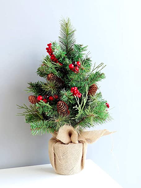 18 Inch Christmas Tree,Artifical Mini Xmas Tree,for Chirstmas Home Decoration,Includes Pine Cones, red Berries and Cloth Bag Base,Great for Tabletop or Desk