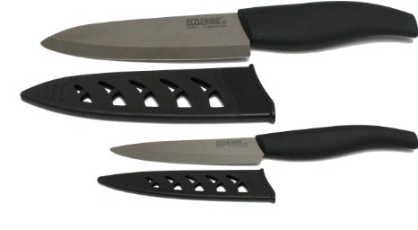 EcoJeannie CKS001 2-Piece Chefs Knife and Paring Knife Set with Advanced Coffee Color Ceramic Blades and Plastic Covers 6-Inch4-Inch Coffee