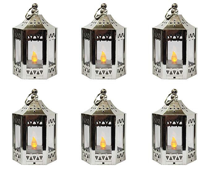 6pc Mini Silver Candle Lanterns with Flickering LED Tea Light Candle, Batteries Included