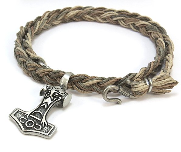Thor's Hammer Necklace with Braided Hemp Cord in Black, Brown, White or Natural Multi-Color