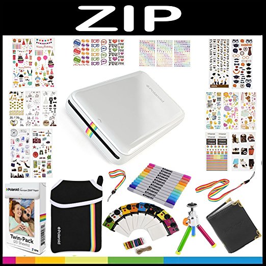 Polaroid ZIP Mobile Printer Gift Bundle   ZINK Paper (20 Sheets)   9 Unique Colorful Sticker Sets   Pouch   Twin Tip Markers   Hanging Frames   Photo Album   Accessories