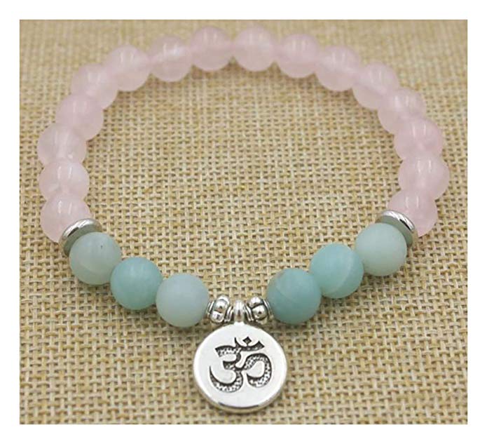 SIENNA693 Pink Crystal and Amazonite Stone Beads Bracelet Lotus OM Buddha Charm Bracelets Bangles BCB108