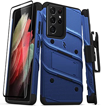 ZIZO Bolt Series for Galaxy S21 Ultra Case with Screen Protector Kickstand Holster Lanyard - Blue & Black