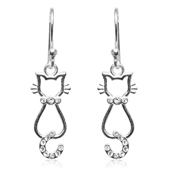 Tomas Sterling Silver Crystal Dangle Earrings - Fancy Cat with Clear Crystals