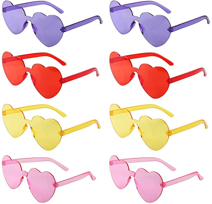 8 Pack Heart Sunglass Love Shaped Sunglasses Transparent Tinted Candy Color Eyewear Frameless Glasses for Valentine's Day Party Cosplay Red Purple Pink Yellow