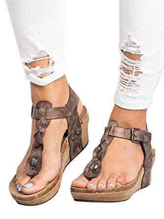 Pxmoda Women's Boho Braided Wedge Sandals Casual T-Strap Wedge Heel Sandal Shoes