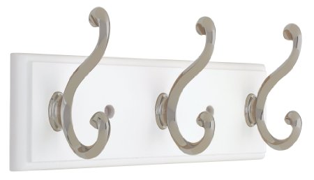 Liberty 129854 10-Inch Hook Rail/Coat Rack with 3 Scroll Hooks, White and Satin Nickel