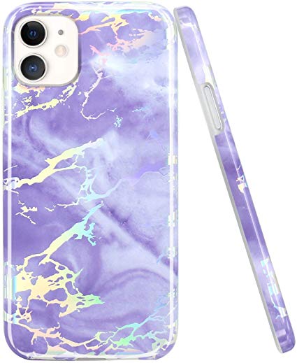 JAHOLAN iPhone 11 Case Shiny Holographic Purple Marble Design Clear Bumper TPU Soft Rubber Silicone Cover Phone Case for iPhone 11 6.1 inch 2019 - Silver