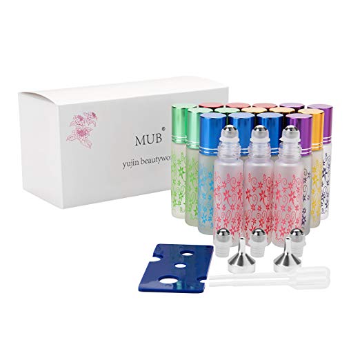 Essential Oil Flower Printing Roller Bottle - 10Ml Glass Bottles with Stainless Steel Roller Balls, Rainbow color Set (pack of 18) Including Extra 2 Roller Balls,2 Droppers,2 Funnels,1 opener by MUB