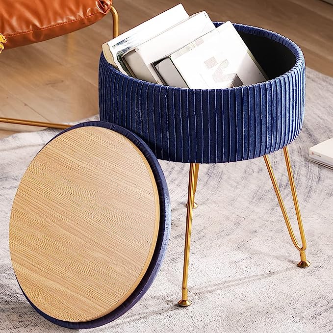 CUYOCA Ottoman with Storage Vanity Stool for Makeup Room, Round Footrest Storage Ottoman with Tray, Velvet Upholstered Foot Rest, Coffee Table, Makeup Footstool, Navy Blue